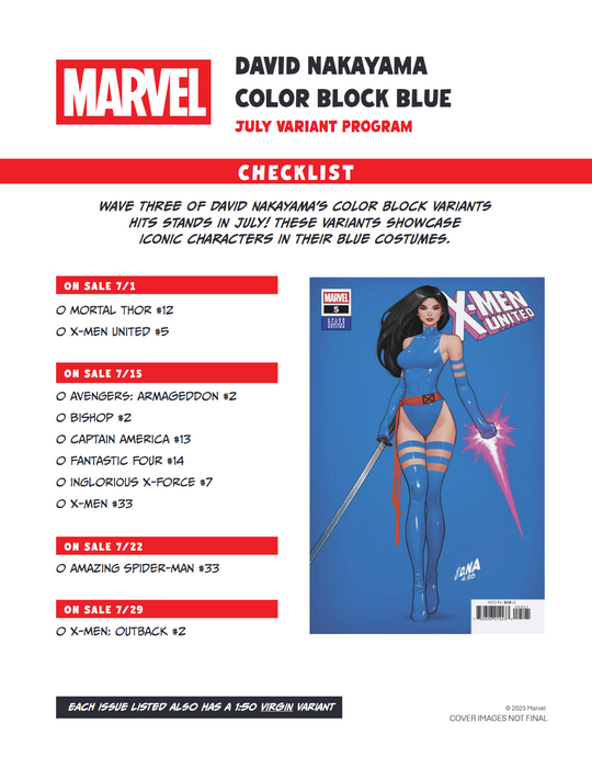 [PREORDER] DAVID NAKAYAMA “COLOR BLOCK BLUE” JULY VARIANT SET of 10 | COMICS | MARVEL