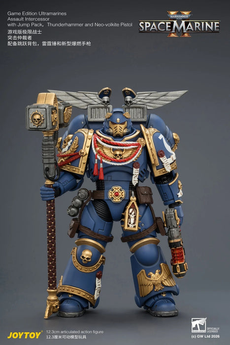 Game Edition Ultramarines Assault Intercessor with Jump Pack, Thunderhammer and Neo-volkite Pistol Primarch-Warhammer 40k 1/18 Action Figure By JOYTOY