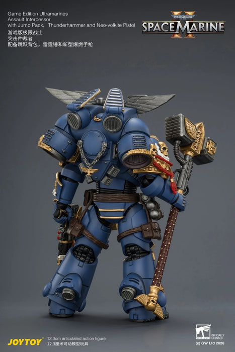 Game Edition Ultramarines Assault Intercessor with Jump Pack, Thunderhammer and Neo-volkite Pistol Primarch-Warhammer 40k 1/18 Action Figure By JOYTOY