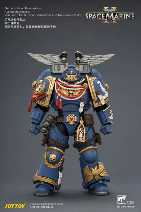 Game Edition Ultramarines Assault Intercessor with Jump Pack, Thunderhammer and Neo-volkite Pistol Primarch-Warhammer 40k 1/18 Action Figure By JOYTOY