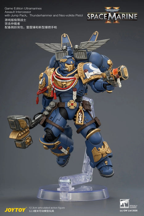 Game Edition Ultramarines Assault Intercessor with Jump Pack, Thunderhammer and Neo-volkite Pistol Primarch-Warhammer 40k 1/18 Action Figure By JOYTOY