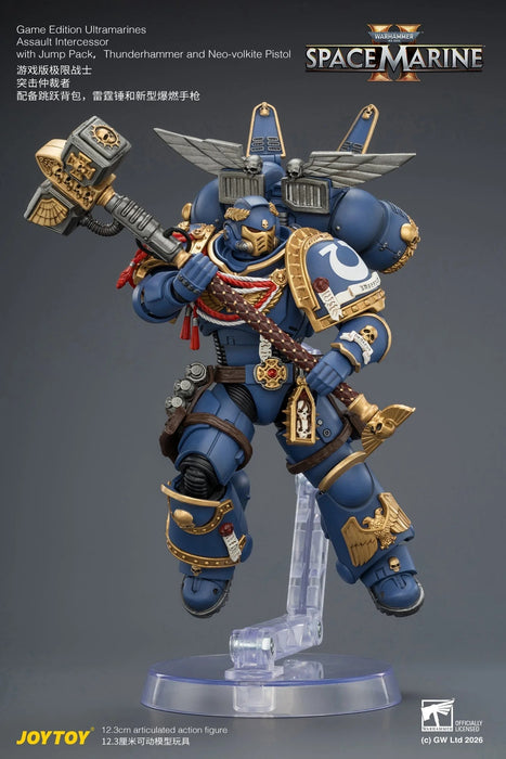 Game Edition Ultramarines Assault Intercessor with Jump Pack, Thunderhammer and Neo-volkite Pistol Primarch-Warhammer 40k 1/18 Action Figure By JOYTOY