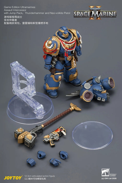 Game Edition Ultramarines Assault Intercessor with Jump Pack, Thunderhammer and Neo-volkite Pistol Primarch-Warhammer 40k 1/18 Action Figure By JOYTOY