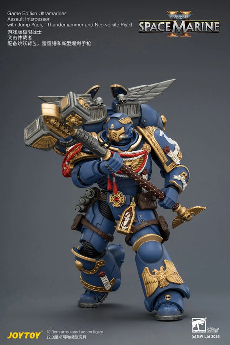 Game Edition Ultramarines Assault Intercessor with Jump Pack, Thunderhammer and Neo-volkite Pistol Primarch-Warhammer 40k 1/18 Action Figure By JOYTOY