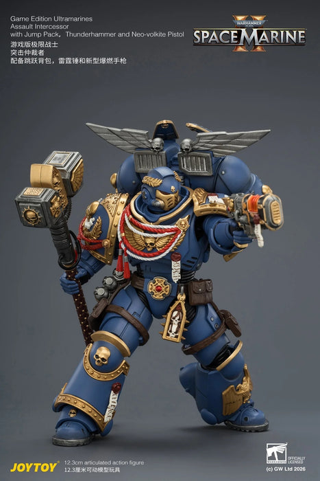 Game Edition Ultramarines Assault Intercessor with Jump Pack, Thunderhammer and Neo-volkite Pistol Primarch-Warhammer 40k 1/18 Action Figure By JOYTOY