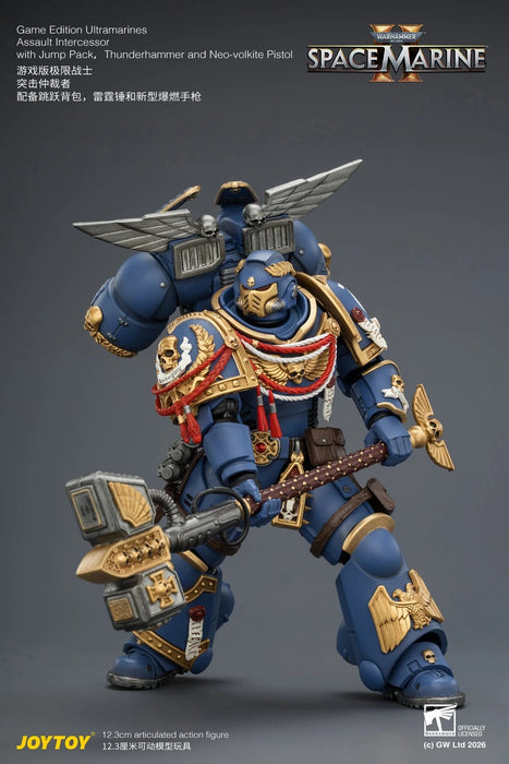 Game Edition Ultramarines Assault Intercessor with Jump Pack, Thunderhammer and Neo-volkite Pistol Primarch-Warhammer 40k 1/18 Action Figure By JOYTOY
