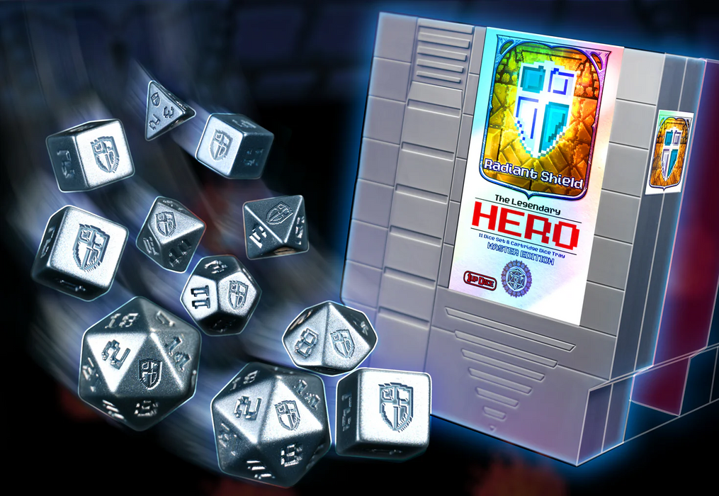 1UP Dice Radiant Silver Shield | RPG Polyhedral Dice Set | Infinite Black